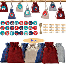 Carica l&#39;immagine nel visualizzatore di Gallery, Borsa per calendario natalizio con conto alla rovescia, calendari dell&#39;Avvento fai-da-te, sacchetti piccoli,sacchetti dell&#39;Avvento con coulisse con 24 clip in legno e corda di canapa, riutilizzabili