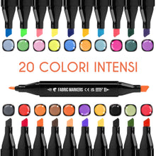 Carica l&#39;immagine nel visualizzatore di Gallery, 20 Pennarelli per tessuti e stoffe, resistenti al lavaggio (a freddo) e a doppia punta - Colori atossici per tessuti - Punte fini e cesellate per effetti multipli