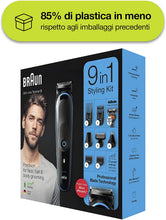 Carica l'immagine nel visualizzatore di Gallery, Braun MGK5280 Rifinitore 9-In-1 Nero/Blu, Regolabarba Uomo, Tagliacapelli E Rifinitore Corpo Con Tecnologia AutoSense E 7 Accessori, Confezione Con 85% Di Plastica In Meno, Nero/Blu