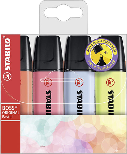 Evidenziatore - STABILO BOSS ORIGINAL Pastel - Astuccio da 4 - Rosso Corallo, Fior di Ciliegio, Azzurro Nuvola, Lime