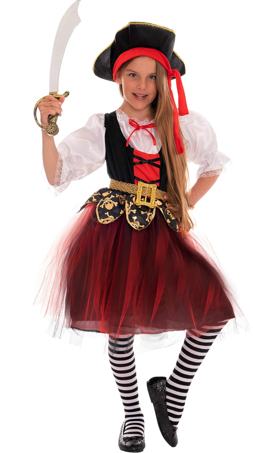 Costume da Pirata Bambina Rosso/Nero/Bianco - 10-12 anni, Rosso, Nero, Bianco - Ilgrandebazar
