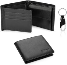 Carica l'immagine nel visualizzatore di Gallery, Portafoglio Uomo Vera Pelle Blocco RFID. Piccolo Portafoglio Con Portamonete Portafogli e Porta Chiavi Confezione Regalo, Porta tessere tascabile documenti, Raccoglitore tessere banconote sottile-NERO