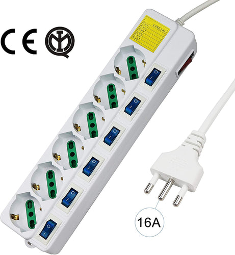 Extrastar Multipresa ciabatta elettrica 6 Posti 10/16A Bipasso Schuko 250V Max:2500W con interruttori indipendenti 1,5MT