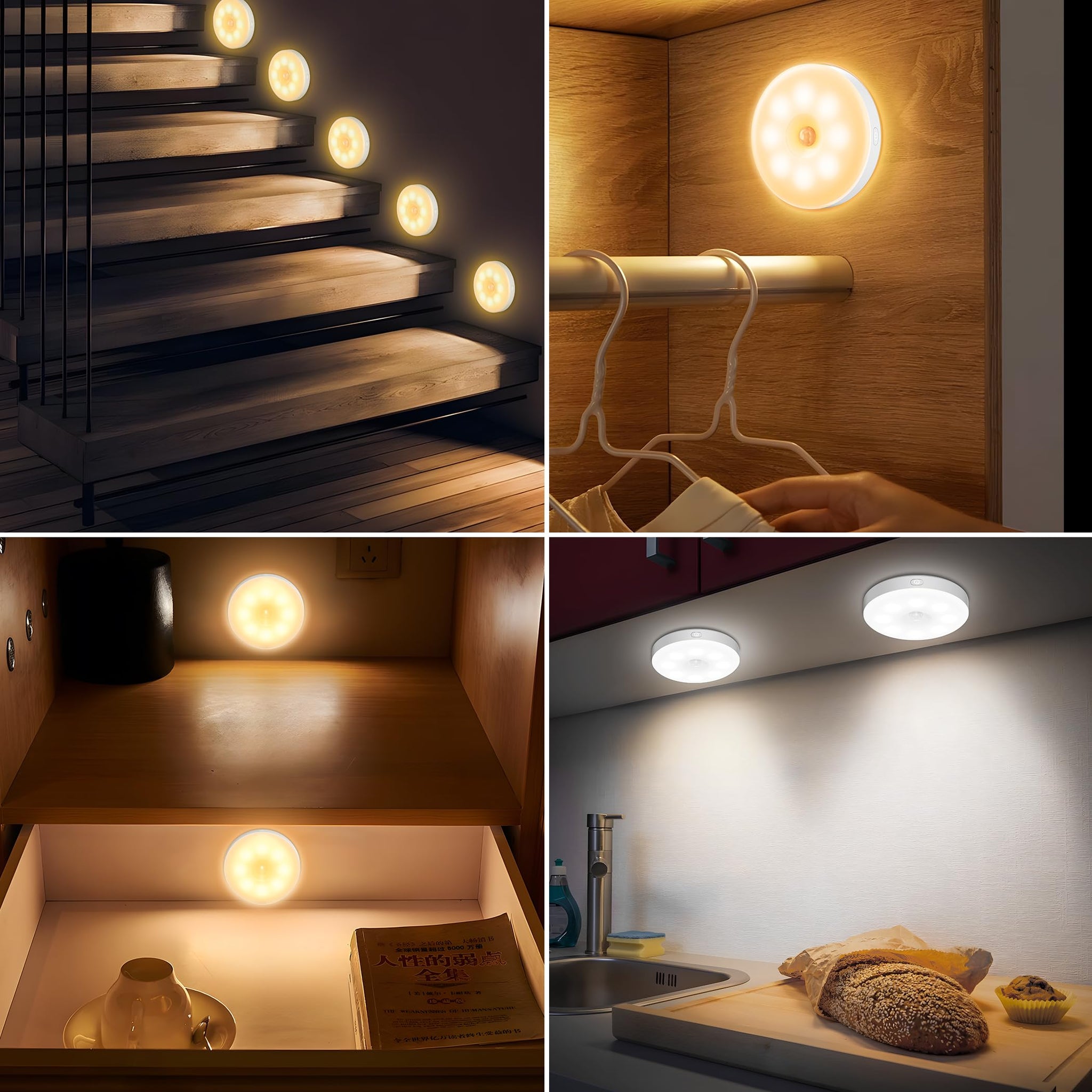 Luce notturna LED con sensore di movimento da 2 pezzi, luci LED per armadio, luci a induzione ricaricabili tramite USB, lampada a induzione magnetica a LED per camera da letto, bagno, cucina