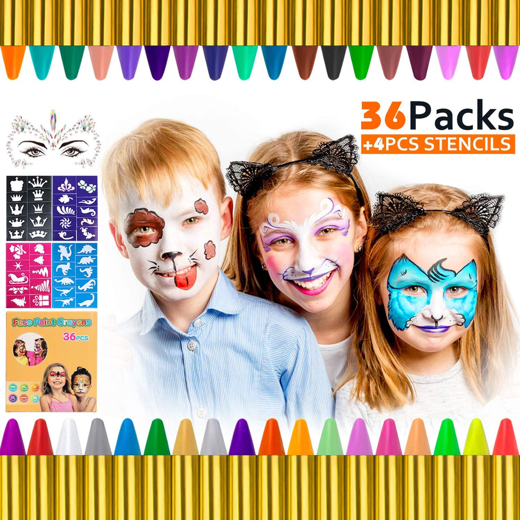 Gifort Trucchi per Truccabimbi, 36 Colori Body Painting Kit con 4 Face Paint Stampini per Bambini, Perfetto per Carnevale, Pasqua, Natale, Halloween