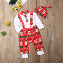 Carica l'immagine nel visualizzatore di Gallery, Loalirando Natale 3 Pezzi Completini Pagliaccetto Neonato Invernale a Manica Lunga+ Pantaloni con Bretelle +Cappello di Natale Divertente