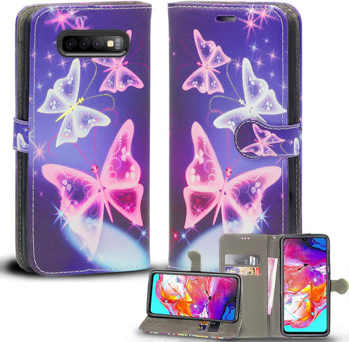 Custodia per Samsung Galaxy S10 Plus, custodia a portafoglio ultrasottile in pelle + TPU con slot per carte di credito [funzione cavalletto] [chiusura magnetica] (Galaxy S10 Plus, farfalla blu libro)