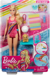 Barbie- Dreamhouse Adventures Bambola Nuotatrice in Costume con Trampolino e Cucciolo Giocattolo per Bambini 3+ Anni, GHK23