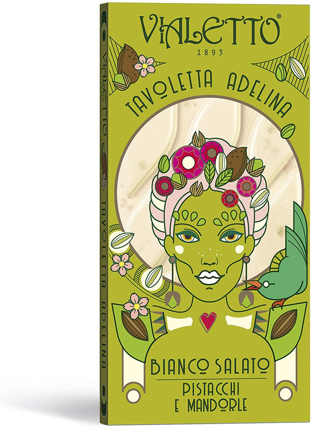 VIALETTO Adelina | Cioccolato Bianco Salato con Pistacchi e Mandorle| Tavoletta da 90 grammi