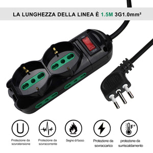 EXTRASTAR Presa con interruttore automatico di protezione 10 6 Posti, Nero - Ilgrandebazar