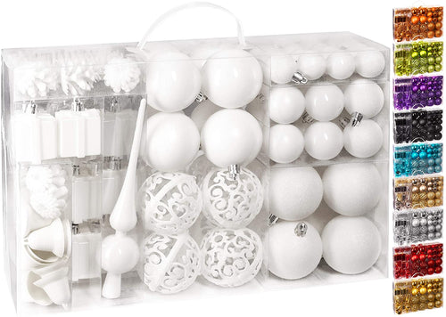 Brubaker Set di 101 Accessori Decorativi per L'Albero di Natale - addobbi Natalizie in Color Bianco - Diverse Forme di Palline ed Un Puntale per Albero di Natale