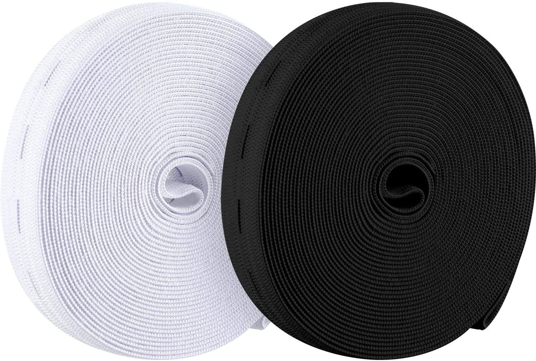 11 Yarde Elastica per Asole Bobina di Fasce Elastiche Cavo Elastico Piatto a Fascia da Cucito con Asola, 2 Pacchi (Bianco e Nero, 1,5 cm di Larghezza)