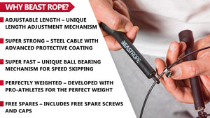 Corda per saltare della Beast Gear - Corda veloce per Crossfit, Pugilato, MMA. Peso leggero con lunghezza regolabile e meccanismo a cuscinetto a sfera resistente – Perfetta per i Double Unders