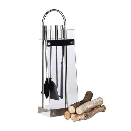 Relaxdays 10022294 Accessori Camino, Set 5 Pezzi, Porta Attrezzi, Argento