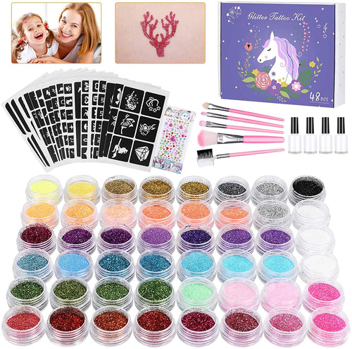 Winpok Kit Tatuaggi Temporanei, 48 Colori Tatuaggi Glitter Impermeabili Non Tossici con 203 Stencil, Tattoo Tatuaggi per Bambini Adulti Festa Carnevale, Regalo Ragazzo Ragazza