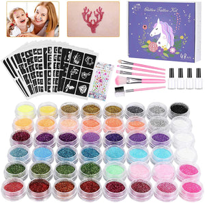 Winpok Kit Tatuaggi Temporanei, 48 Colori Tatuaggi Glitter Impermeabili Non Tossici con 203 Stencil, Tattoo Tatuaggi per Bambini Adulti Festa Carnevale, Regalo Ragazzo Ragazza
