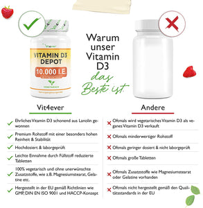 Vitamina D3 10.000 UI 365 Compresse, Dosaggio Alto, Dose Giornaliera 1000 UI al Giorno (Ogni 10 Giorni), Una Compressa di Vitamina D Ogni 10 Giorni - Vit4ever