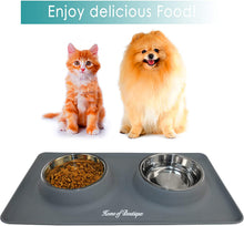 Carica l'immagine nel visualizzatore di Gallery, Ciotola per Cani Gatti in Acciaio Inox con Tappetino Silicone Antiscivolo, Ciotole Doppia per Cane Gatto Grandi o piccoli (S, 12oz/Ciotola)