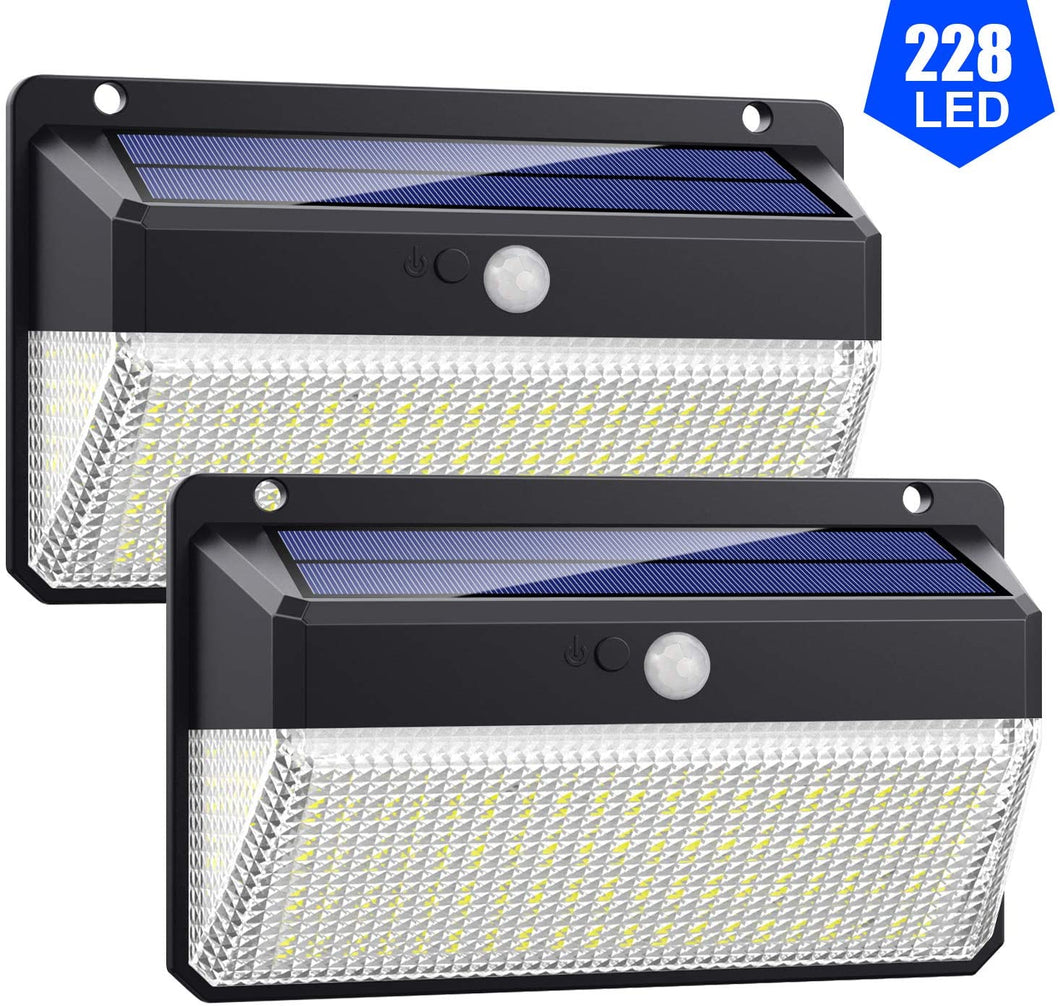 Lampade Solari a da Led Esterno,【 Alta Efficienza 228LED-2200mAh】VOOE Luce Solare Led Esterno Sensore di Movimento 3 Modalità Luci Esterno Energia Solare Impermeabile IP65 per Giardino -2 Pezzi