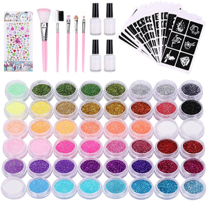 Kit Tatuaggi Glitterati, Nivlan 48 Colori Tatuaggi Temporanei Bambini con 203 Stencil, Tatuaggi Glitter Impermeabili per Ragazzi Ragazze Adulti Festa Carnevale