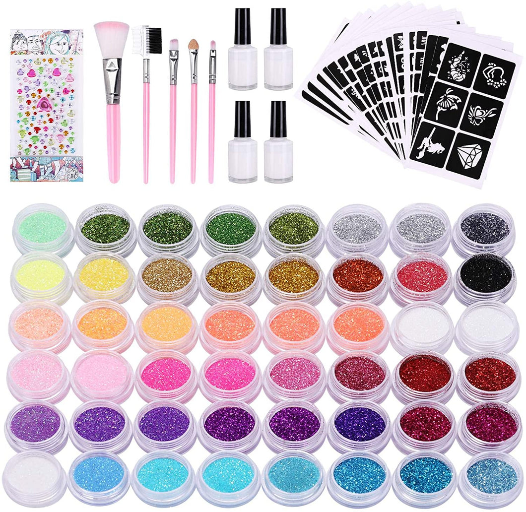 Kit Tatuaggi Glitterati, Nivlan 48 Colori Tatuaggi Temporanei Bambini con 203 Stencil, Tatuaggi Glitter Impermeabili per Ragazzi Ragazze Adulti Festa Carnevale