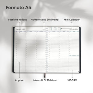 Diario 2024 di Smart Panda – Agenda 2024 Settimanale - Design Semplice per Stimolare la Produttività – Copertina Morbida, Intervalli di 30 Minuti – Calendario Annuale con Note – A5, in Italiano