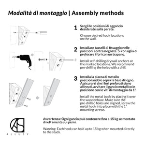 ALLUSY Set 3 Ganci Appendiabiti da Parete Design Legno e Metallo - Attaccapanni da Muro Moderno - Gancio con Viti per Ingresso, Cucina - Appendi Accappatoio Bagno