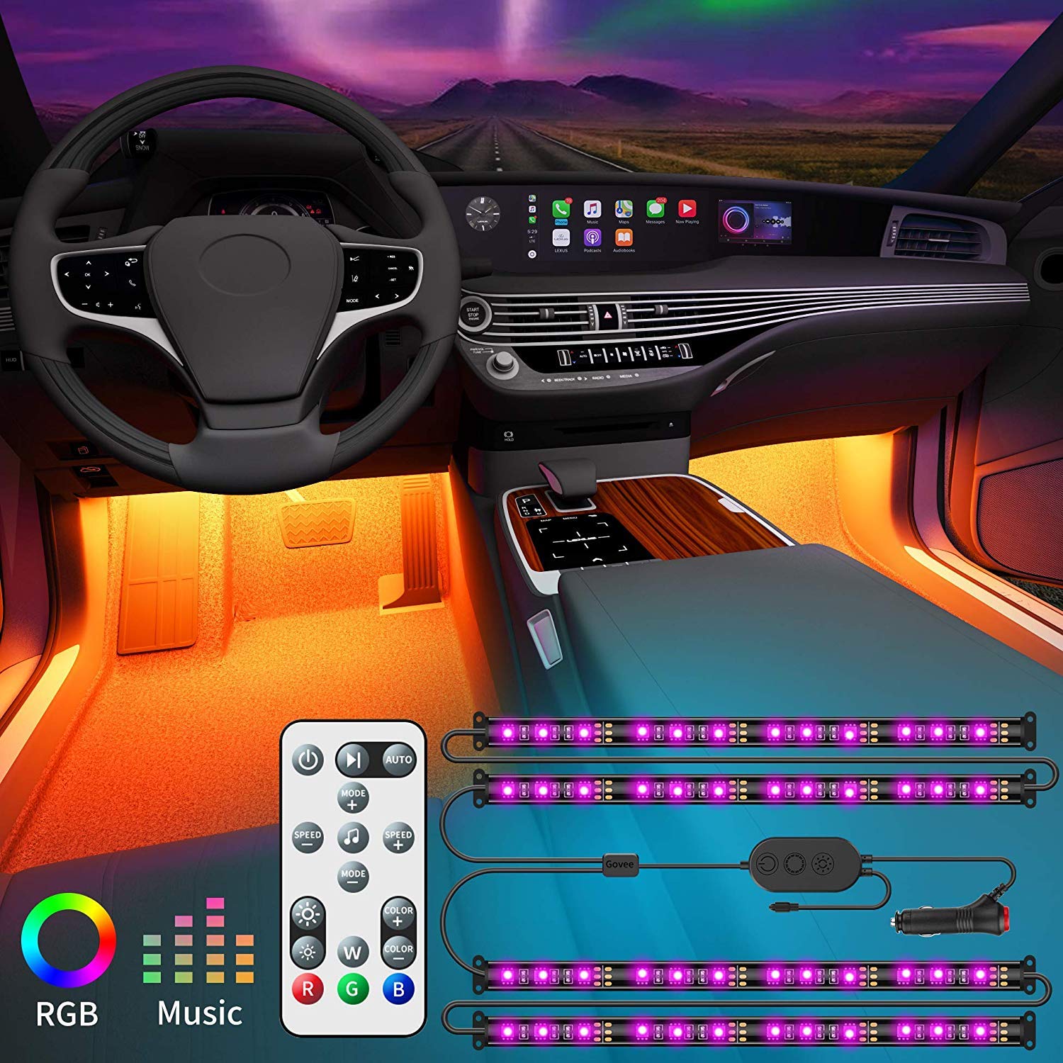 Govee Striscia LED Auto con Telecomando, Aggiornato 2-in-1 Design