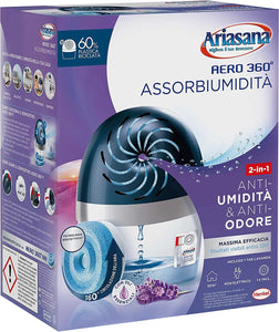 Ariasana Aero 360° kit assorbiumidità, deumidificatore ricaricabile non elettrico, assorbi umidità contro condensa e muffa, 1 dispositivo e 1 ricarica Tab lavanda da 450g