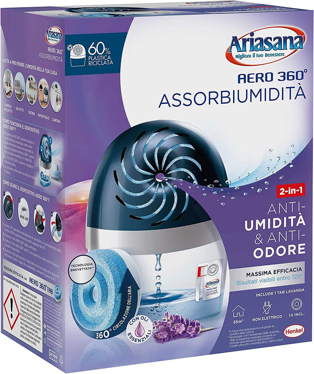 Ariasana Aero 360° kit assorbiumidità, deumidificatore ricaricabile non elettrico, assorbi umidità contro condensa e muffa, 1 dispositivo e 1 ricarica Tab lavanda da 450g