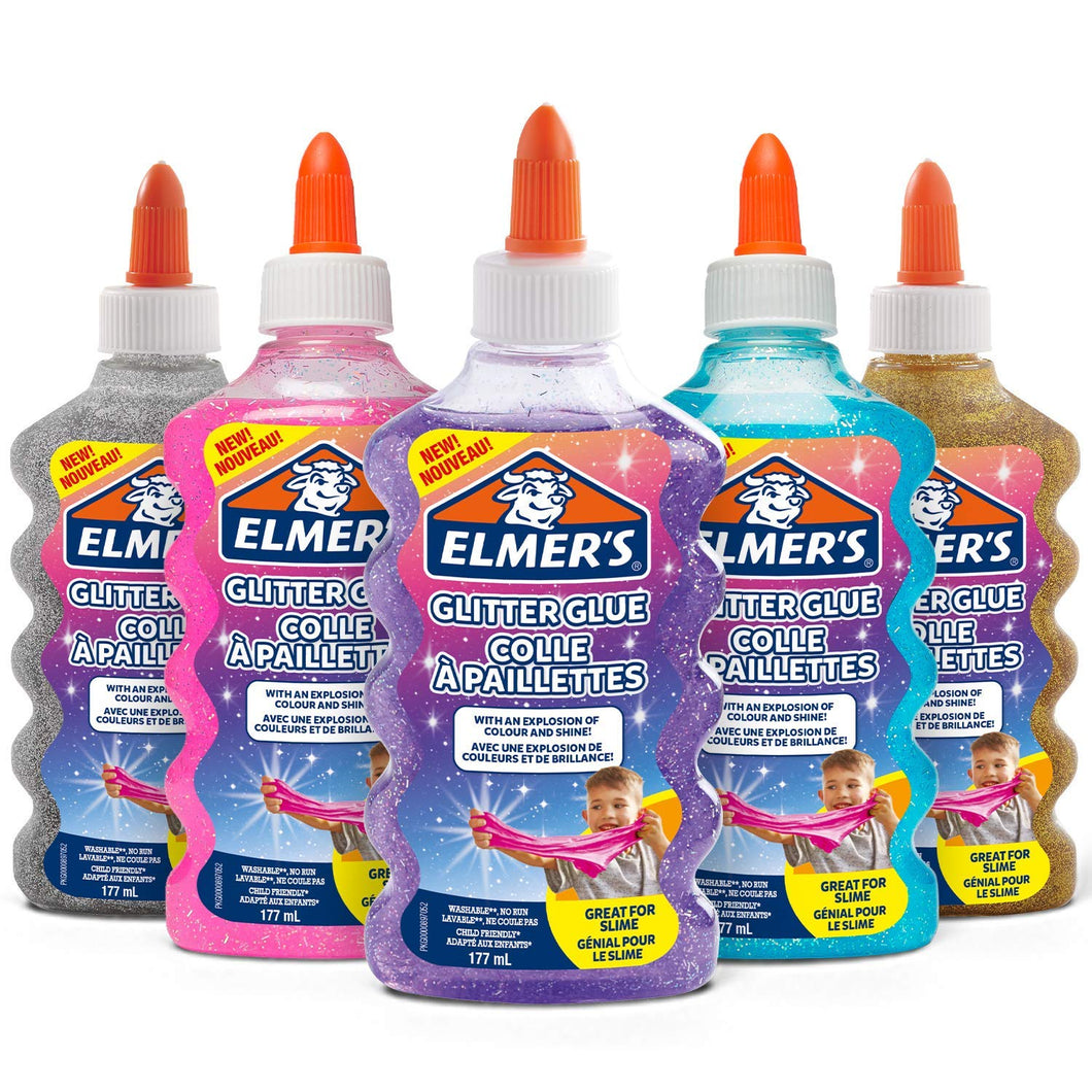 ELMER’S Colla Glitterata, Lavabile e Adatta ai Bambini, Ottima per Realizzare Slime, 5 x 177 ml, Multicolore (Oro, Blu, Rosa, Viola e Argento)