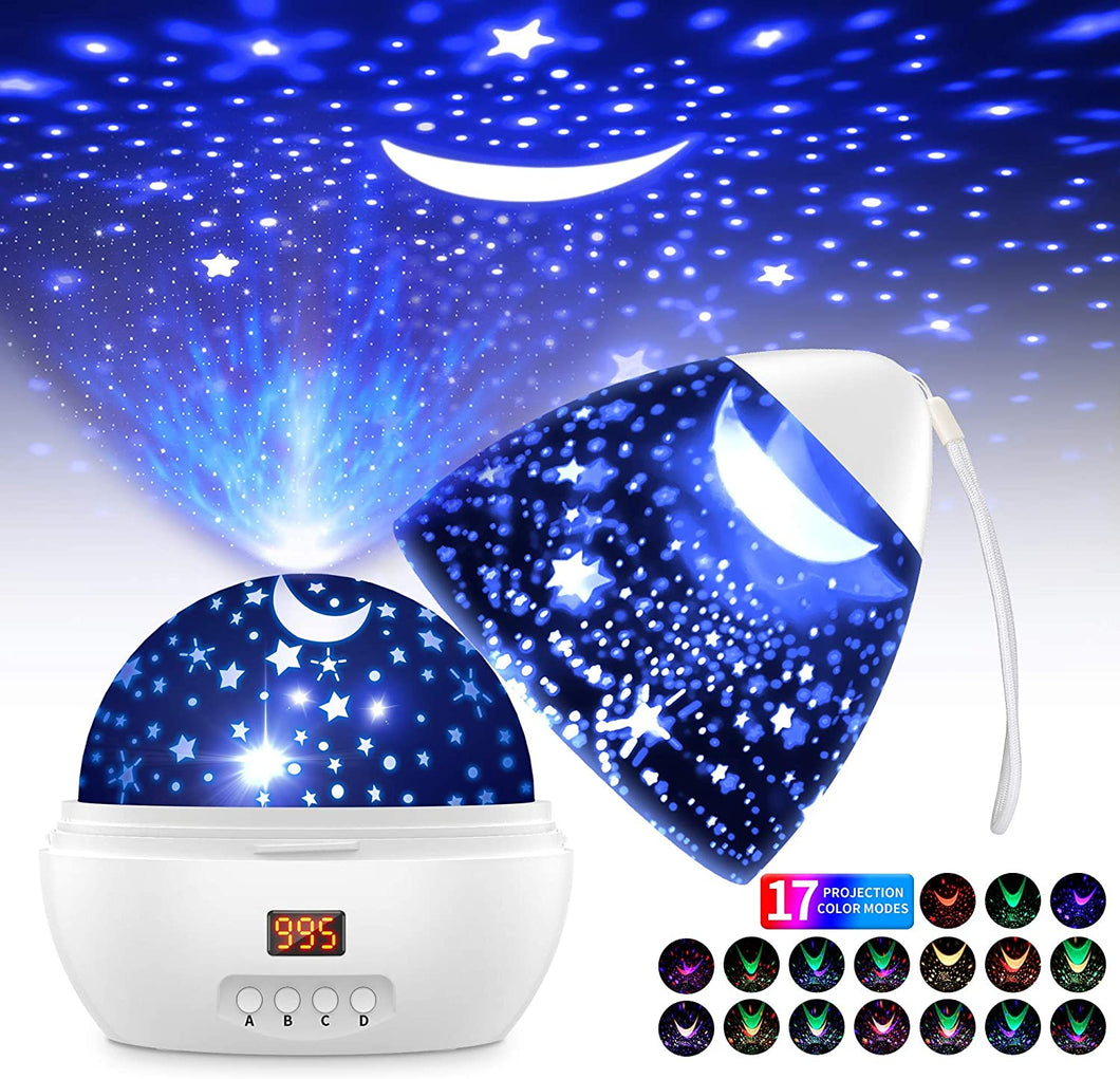 Proiettore Stelle Soffitto Romantica Luce Notturna del Cielo Stellato con Timer, 17 Modalità Colore di Proiezione, 360° Rotazione Lampada da Comodino Camera da Letto, Regalo per Bambini Neonati-Bianco