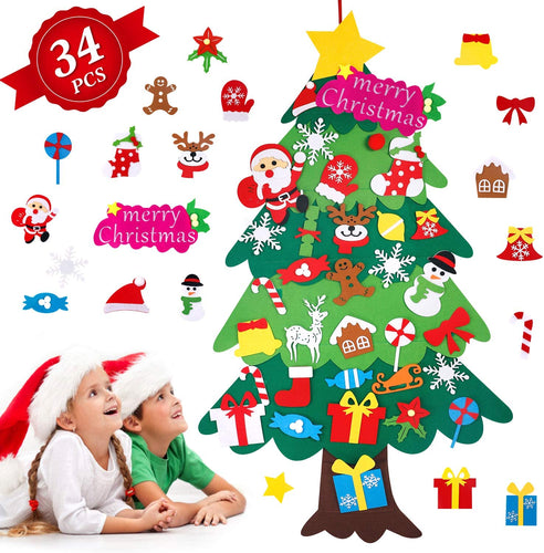 Albero di Natale in Feltro per Bambini, Albero Natale Feltro con 34 Pezzi Ornamenti Staccabili, 113cm Alberi di Natale per Regali di Natale, Decorazioni Natale per Pareti di Porte