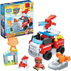 Mega Bloks - PAW Patrol Camion dei Pompieri di Marshall con Lanciatore, Luci, Scaletta Mobile e Scafo di Salvataggio, 33 Mini Blocchi da Costruzione, Giocattolo per Bambini 3+Anni, GYJ01