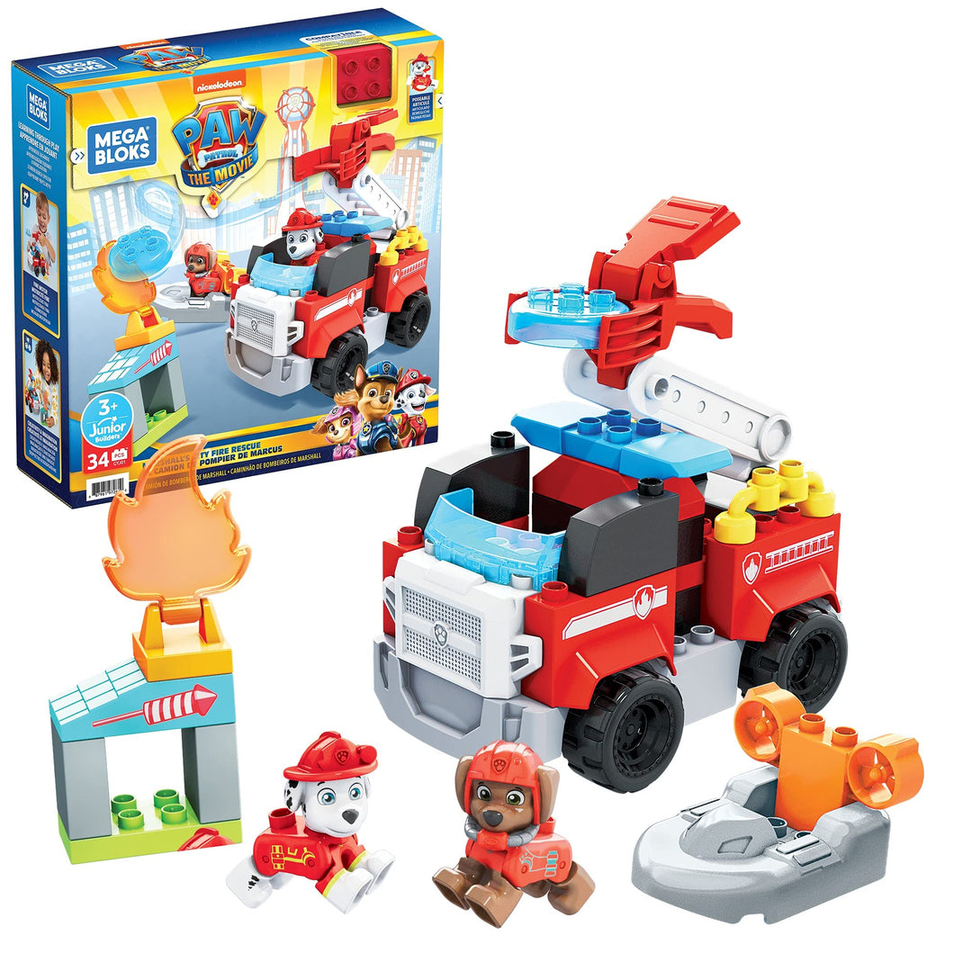 Mega Bloks - PAW Patrol Camion dei Pompieri di Marshall con Lanciatore, Luci, Scaletta Mobile e Scafo di Salvataggio, 33 Mini Blocchi da Costruzione, Giocattolo per Bambini 3+Anni, GYJ01