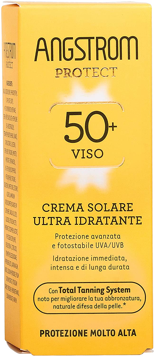 Angstrom Crema Solare Viso SPF 50+, con Filtri Solari UVA/UVB, Stimola la Produzione di Melanina con il Total Tanning System, Resistente all'Acqua, Dermatologicamente Testato, 50 ml