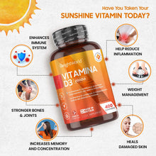 Carica l&#39;immagine nel visualizzatore di Gallery, VITAMINA D3 - Vit D3 ad Alto Dosaggio 2000ui - 400 Compresse Vegetali (Più di un Anno di Fornitura) - Contribuisce al Normale Funzionamento del Sistema Immunitario - Per Vegetariani - WeightWorld