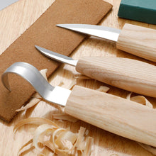 Carica l&#39;immagine nel visualizzatore di Gallery, EXTSUD Kit Strumenti Scalpelli per Legno 5 in 1 Coltelli Intaglio Legno in Acciaio Inox Attrezzi Incisione Set Utensili per Lavorare Legno Artigianato con 3 Coltelli Cera d&#39;Olio Affilacoltelli