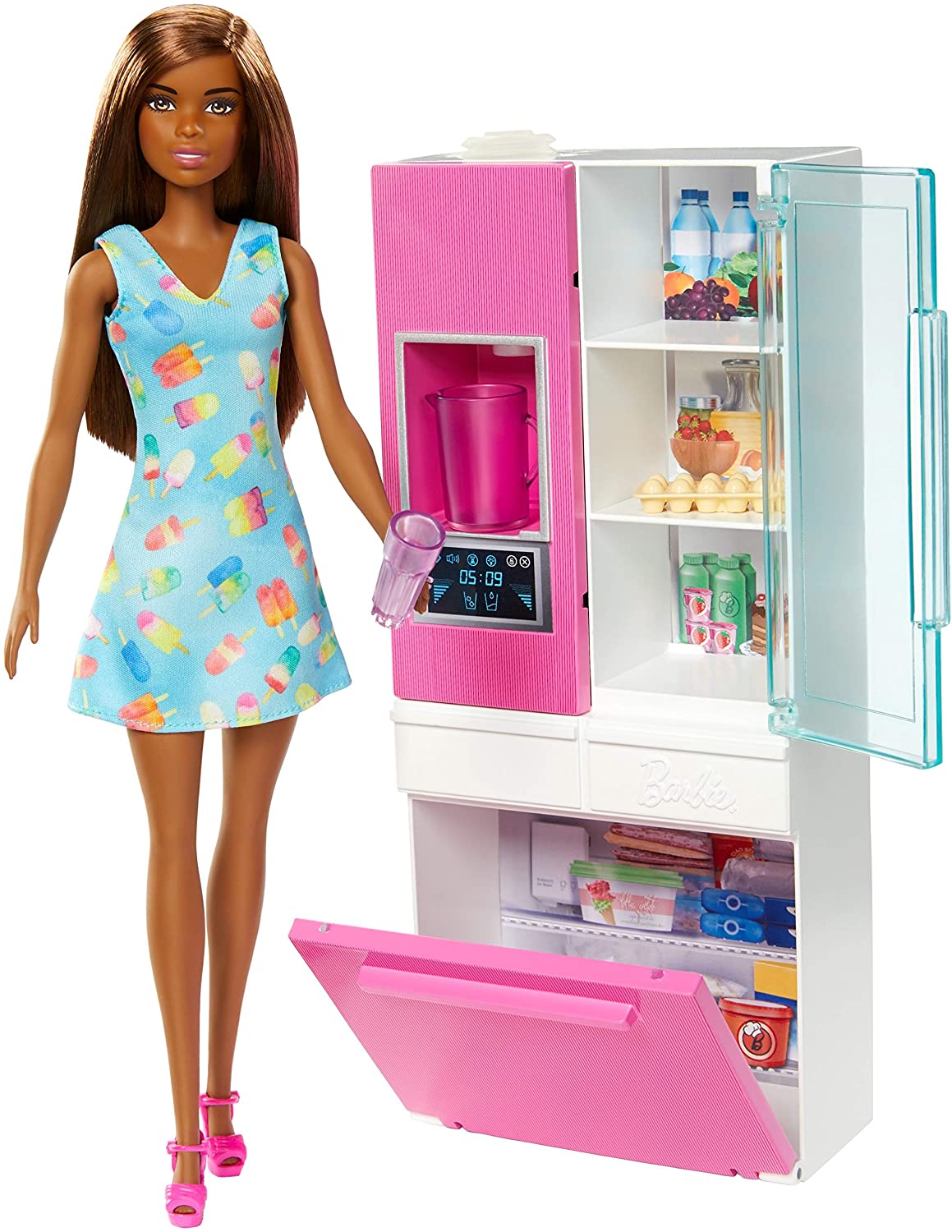 Barbie- Bambola Bruna Playset Arredamento con Frigorifero, Distributor –