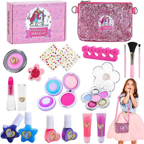 Jojoin Unicorno Trucchi Bambina Set, 20 Pezzi Lavabile Makeup Set per I Bambini con Borsa Doppia Funzione, 2 Clip di Colore, 3 Smalto per Unghie di Cuore, Ombretto Brillante e lucidalabbra
