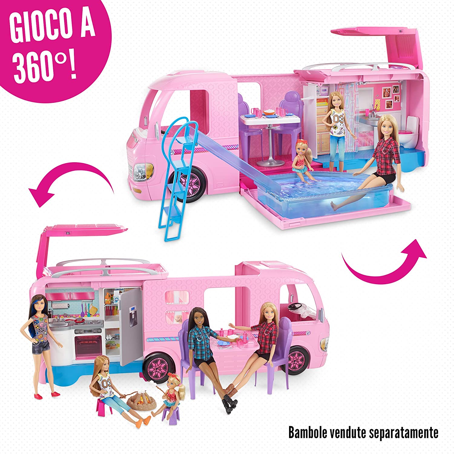 Barbie FBR34 Camper dei Sogni per Bambole con Piscina Bagno Cucina e Ilgrandebazar