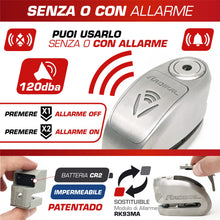 Carica l'immagine nel visualizzatore di Gallery, RADIKAL RK910S Antifurto Moto Blocca Disco Allarme 120 Db Ø10 Doppia Chiusura Omologata Sra, Acciaio Inossidabile