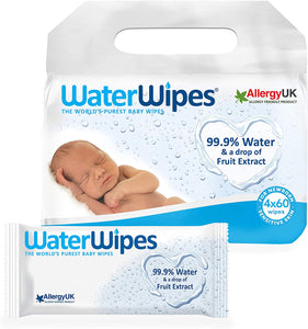 WaterWipes Salviette Umidificate, Salviette Neonato per Pelli Delicate, 99.9% di Acqua Purificata, Non Biodegradabile, 60 Unità (Confezione da 4) Non biodegradabile 60 Unità (Confezione da 4)