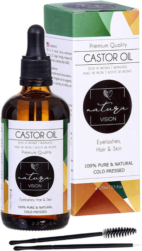 Olio di Ricino 100ml, Bottiglia di vetro, 100% Puro Spremuto a Freddo, Stimola la Crescita dei Capelli, Ciglia e Sopracciglia, Rinforza le unghie. Un ottimo rimedio per la tua pelle. Set di Pennelli