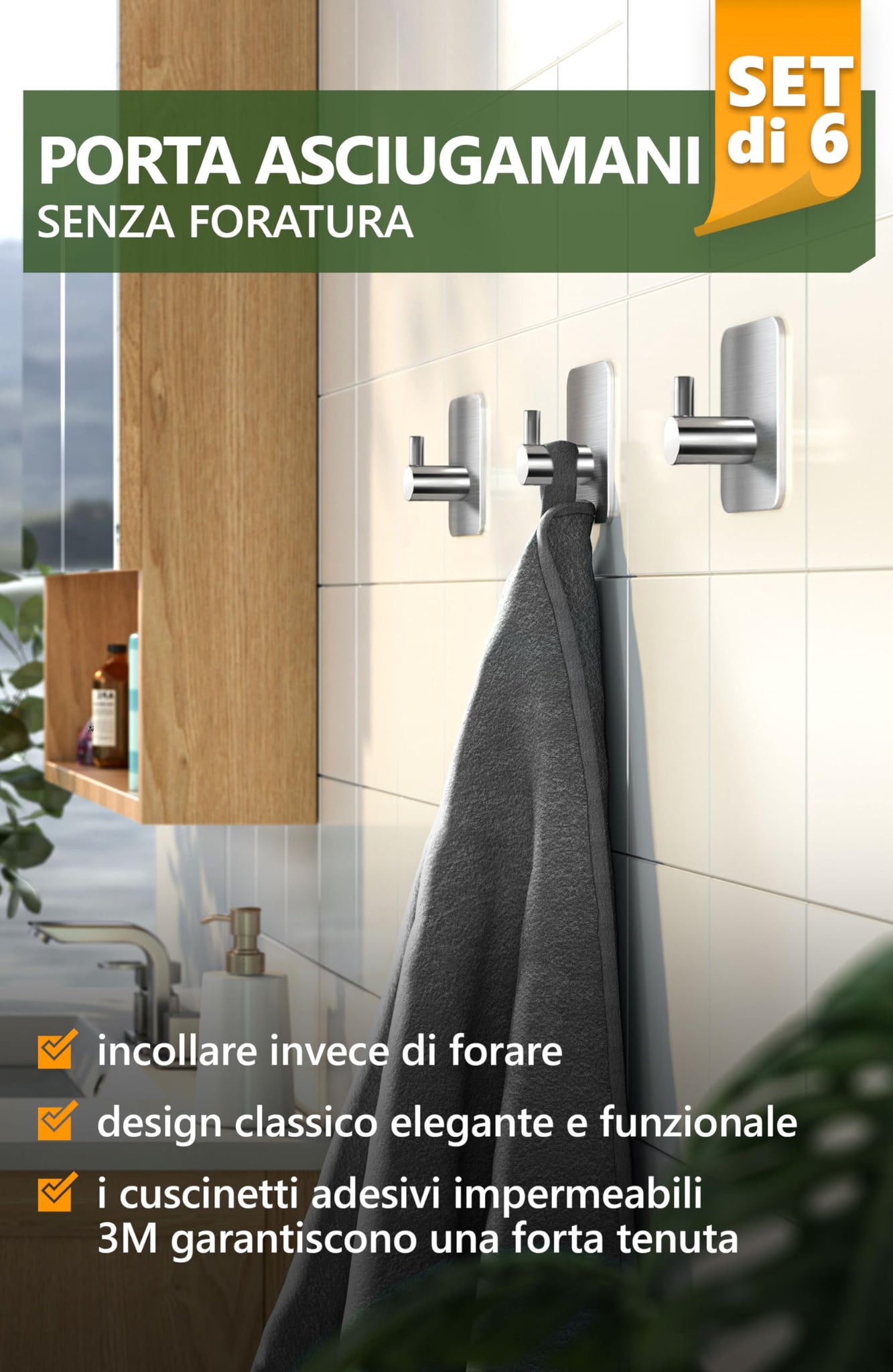 6 Ganci Adesivi Per Bagno E Cucina - Nero, Acciaio Inox Senza Forature | Porta Asciugamani E Accappatoi - Foto 5