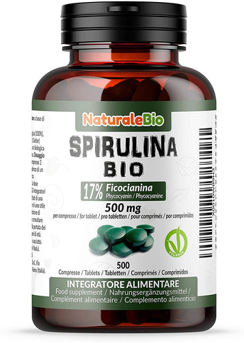 Alga Spirulina Biologica in Compresse da 500mg (500 compresse). 100% Bio, Naturale e Pura, Ficocianina al 17%. Coltivata in India, Tamil Nadu. Integratore adatto a Vegetariani e Vegani. NaturaleBio