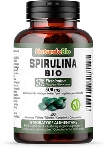 Alga Spirulina Biologica in Compresse da 500mg (500 compresse). 100% Bio, Naturale e Pura, Ficocianina al 17%. Coltivata in India, Tamil Nadu. Integratore adatto a Vegetariani e Vegani. NaturaleBio