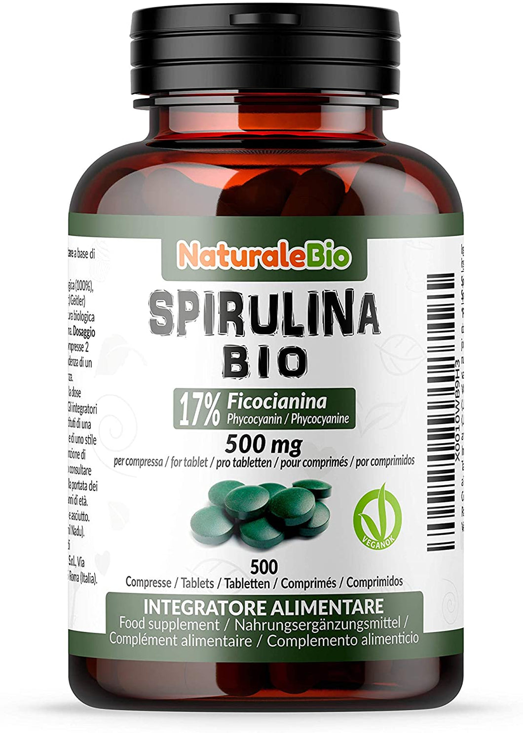 Alga Spirulina Biologica in Compresse da 500mg (500 compresse). 100% Bio, Naturale e Pura, Ficocianina al 17%. Coltivata in India, Tamil Nadu. Integratore adatto a Vegetariani e Vegani. NaturaleBio