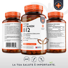 Carica l&#39;immagine nel visualizzatore di Gallery, Vitamina B12 1000 mcg - 365 Compresse (Fornitura 12 mesi di Metilcobalamina Vegana) - Contribuisce alla Riduzione di Stanchezza e Affaticamento - Prodotto da Nutravita