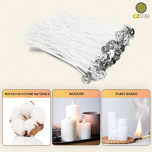 Carica l'immagine nel visualizzatore di Gallery, CZ Store Stoppini per Candele -GARANZIA A VITA- 100 Stoppini in Cotone Naturale Organico |15 CM| Stoppino Cerato con Cera di Soia - Durano a Lungo, Senza Fumo Nero, Guida per Creare Candele Profumate
